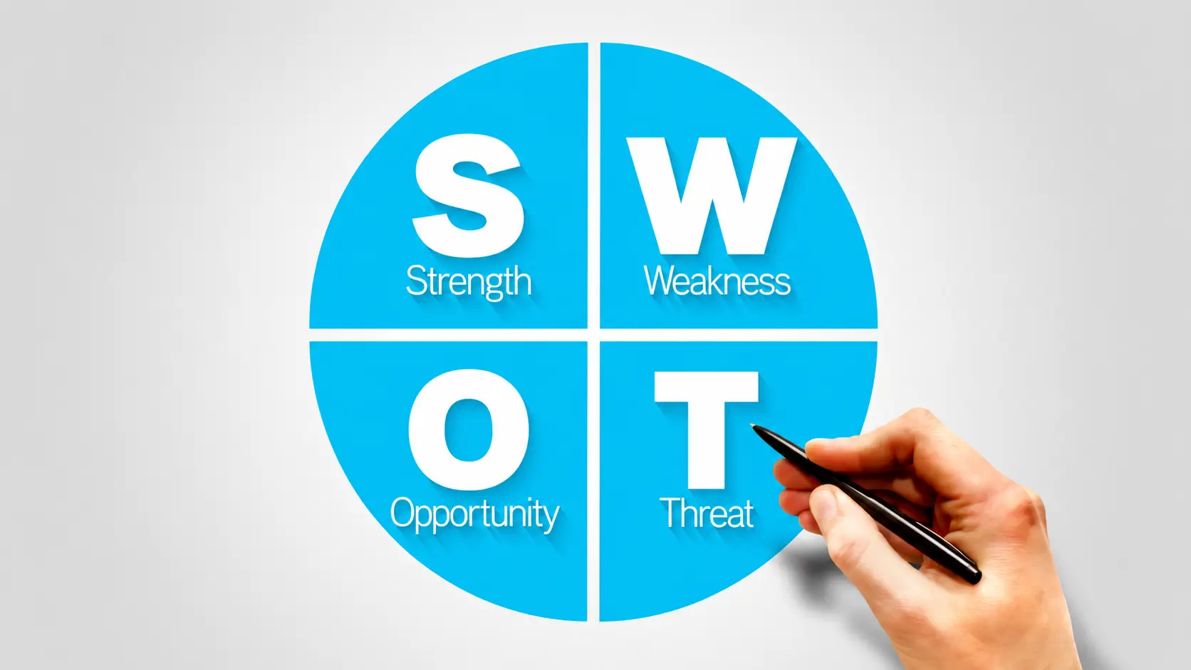 Infographic με ανάλυση SWOT (διάγραμμα με λευκές ετικέτες για Δυνατά σημεία, Αδυναμίες, Ευκαιρίες και Απειλές)