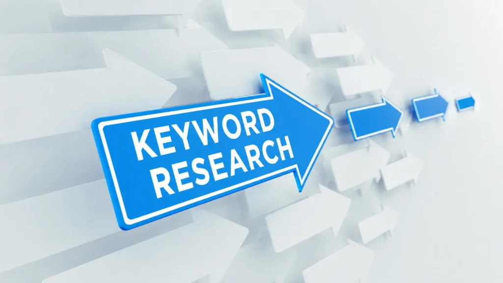 Γραφικό με την φράση “Keyword research” σε γκρι φόντο με βέλη. Τι είναι οι λέξεις-κλειδιά (keywords).