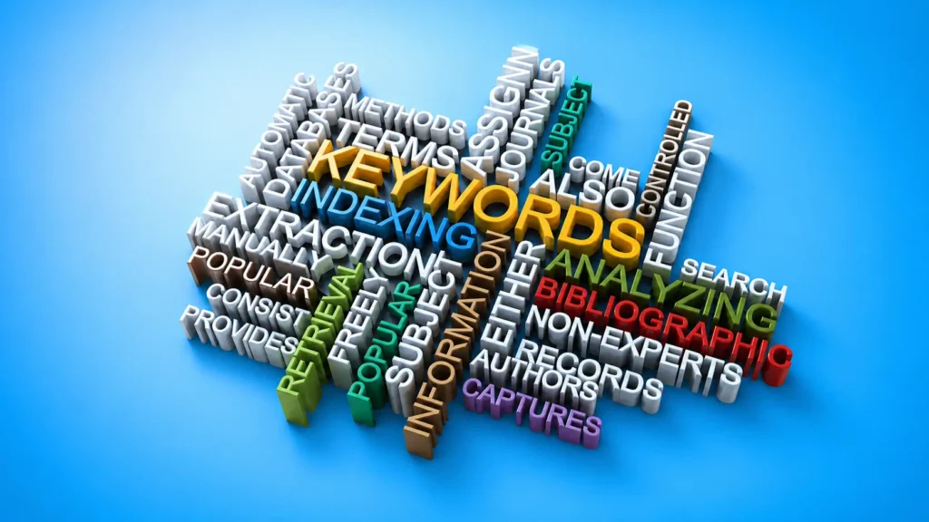 3D word cloud με την λέξη “KEYWORDS” στο κέντρο και σχετικούς όρους SEO σε μπλε gradient φόντο - Τι είναι οι λέξεις-κλειδιά (keywords)