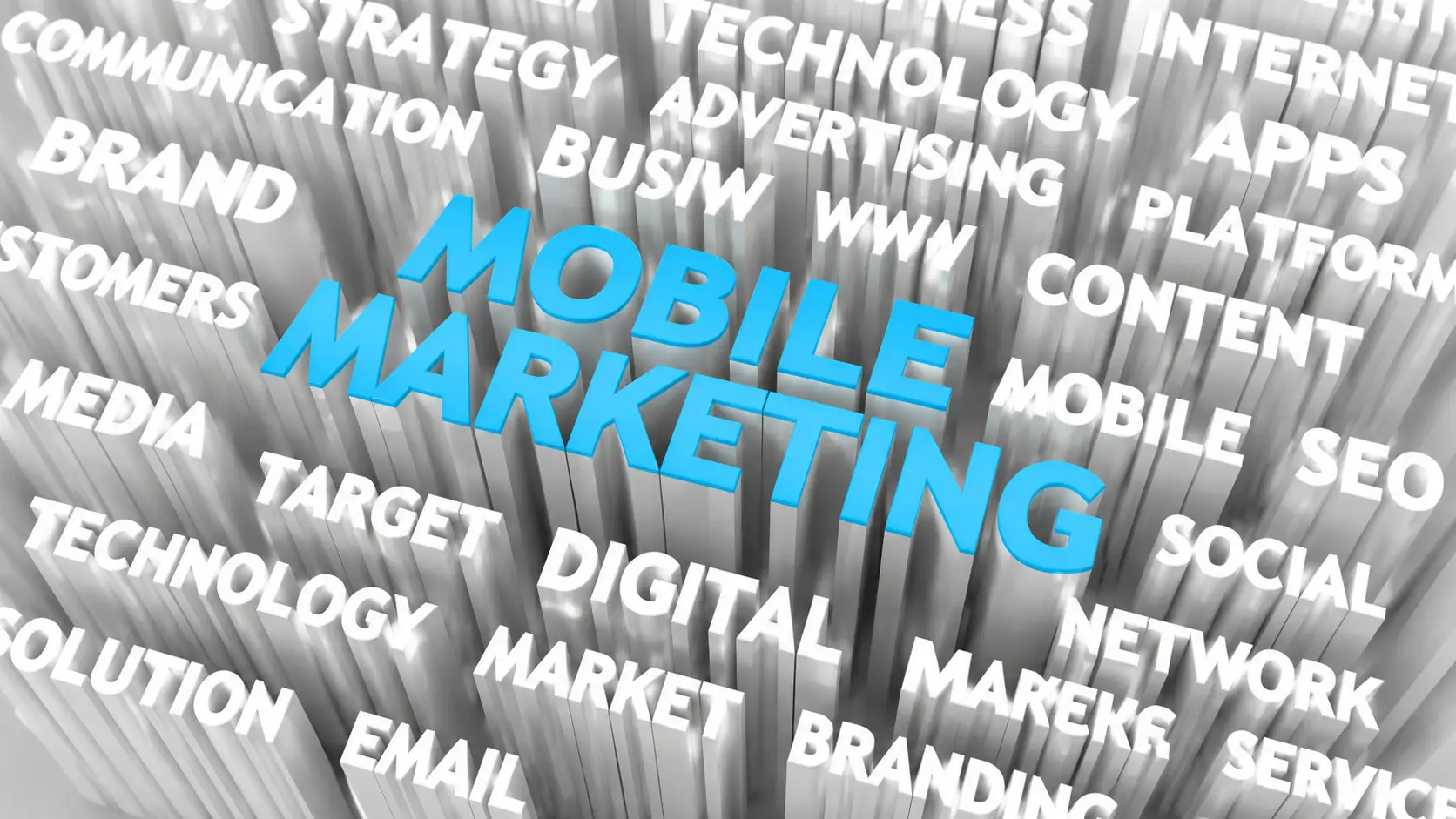 3D typography illustration featuring the words "MOBILE MARKETING"