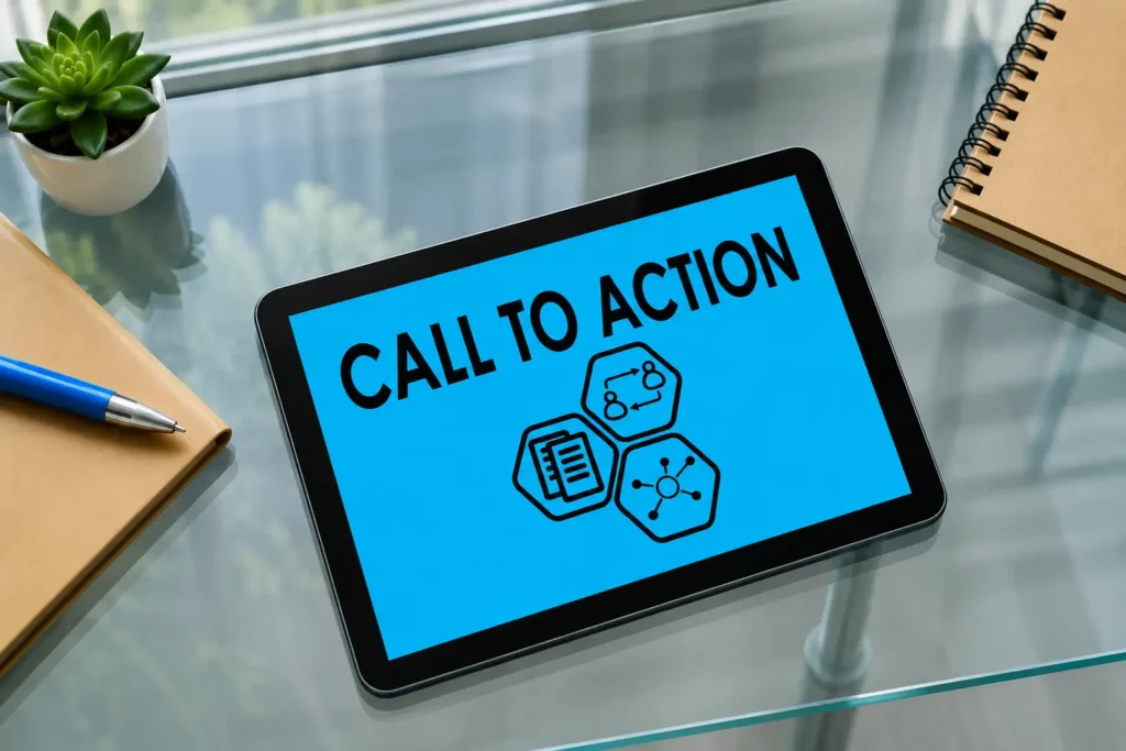 Call-to-Action σε tablet πάνω σε γυάλινο γραφείο, με φωτεινό μπλε φόντο, συνοδευόμενο από σημειωματάρια, στυλό και φυτό, που αναδεικνύει τη σημασία του Call-to-Action στο ψηφιακό μάρκετινγκ.