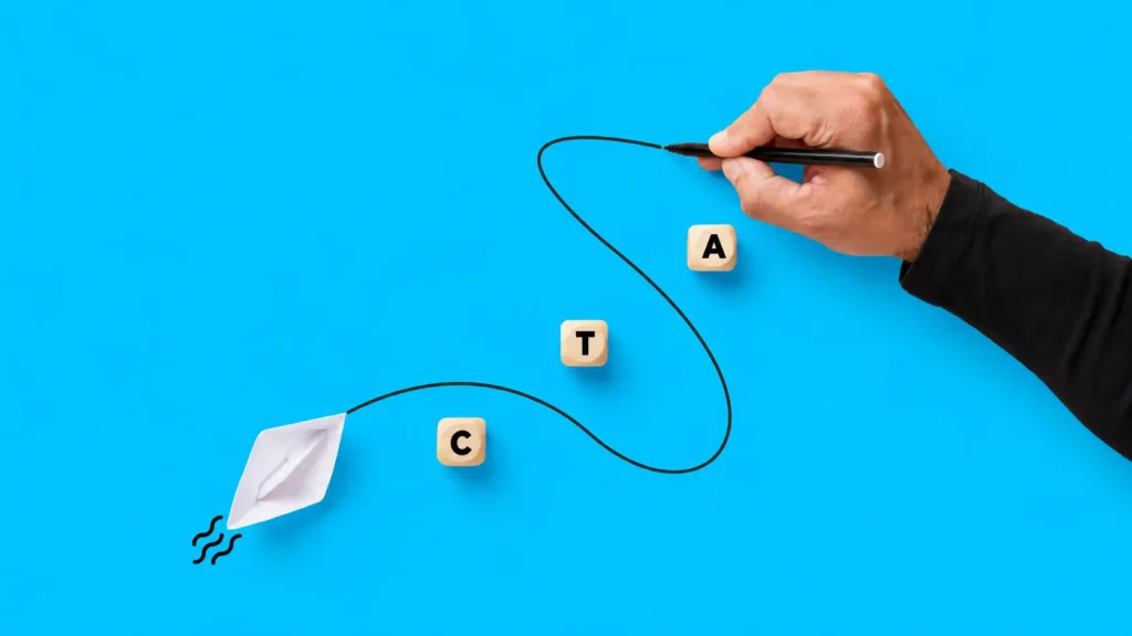 Call-to-Action concept illustration with a hand drawing a curved path guiding a paper boat past wooden blocks labeled C, T, and A.
