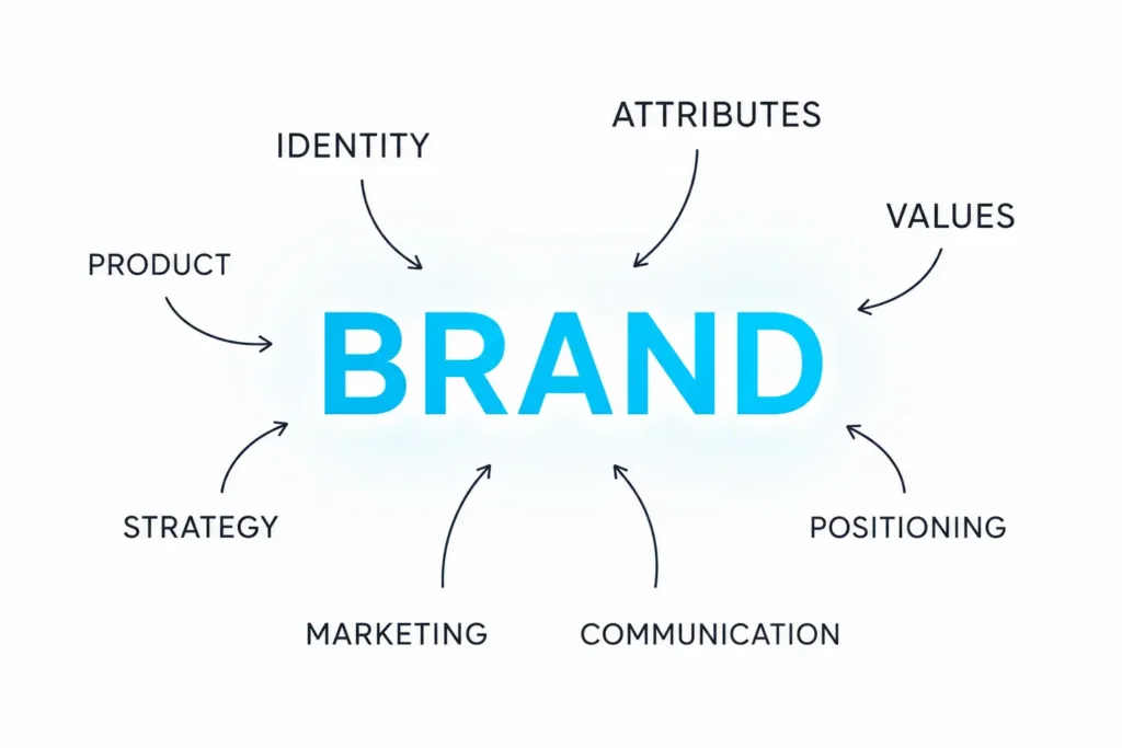 Διάγραμμα σε λευκό φόντο με τη λέξη «BRAND» στο κέντρο και γύρω της οι έννοιες Product, Identity, Attributes, Values, Positioning, Communication, Marketing και Strategy.