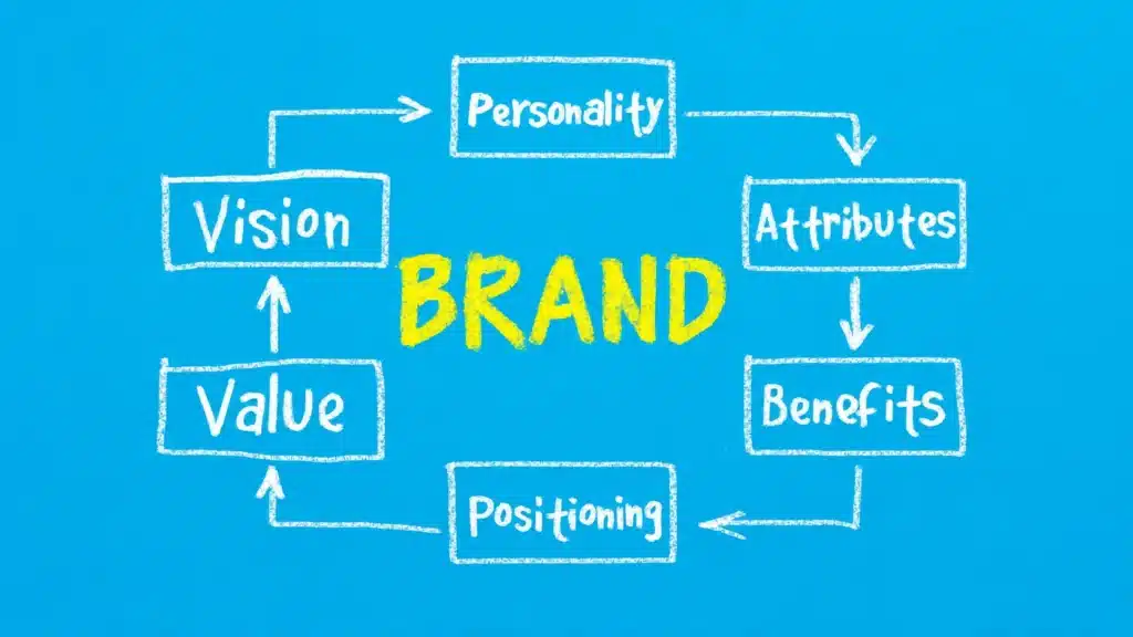 Τι είναι Brand Positioning: διάγραμμα στρατηγικής branding με στοιχεία όπως vision, value, personality, attributes και benefits γύρω από τη λέξη “Brand”