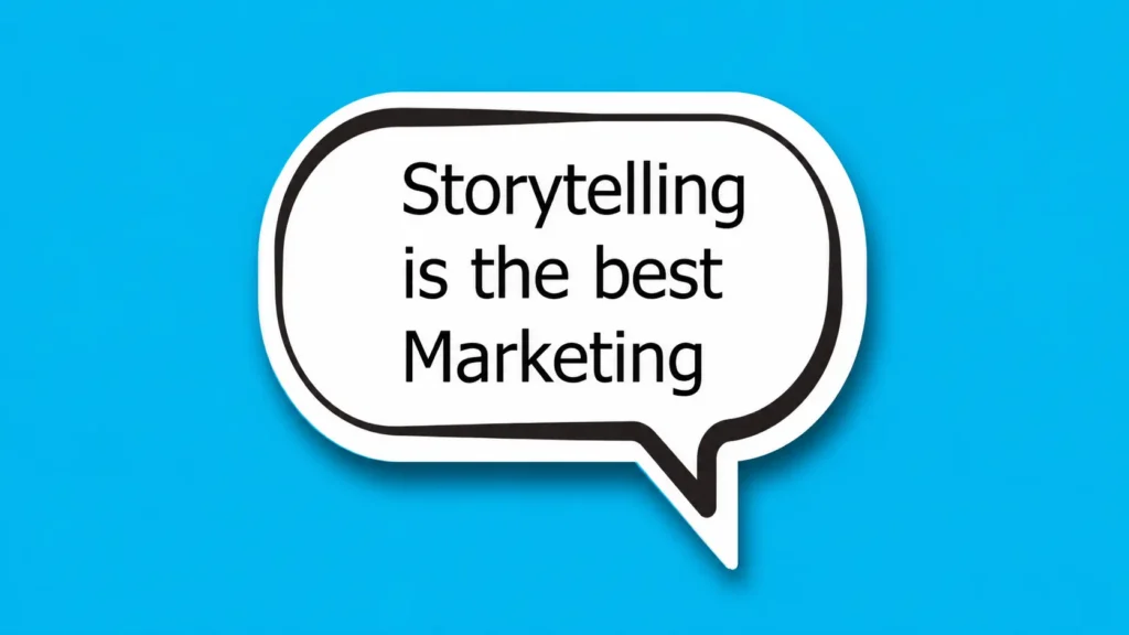 Γραφικό για brand storytelling για επιχειρήσεις με λευκό συννεφάκι ομιλίας και το κείμενο "Storytelling is the best Marketing" σε γαλάζιο φόντο.