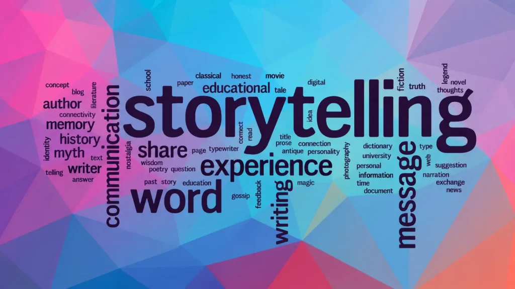 Γραφικό brand storytelling για επιχειρήσεις με word cloud σε πολύχρωμο γεωμετρικό φόντο και λέξεις που αναδεικνύουν την επικοινωνία, την εμπειρία και το μήνυμα ενός brand.