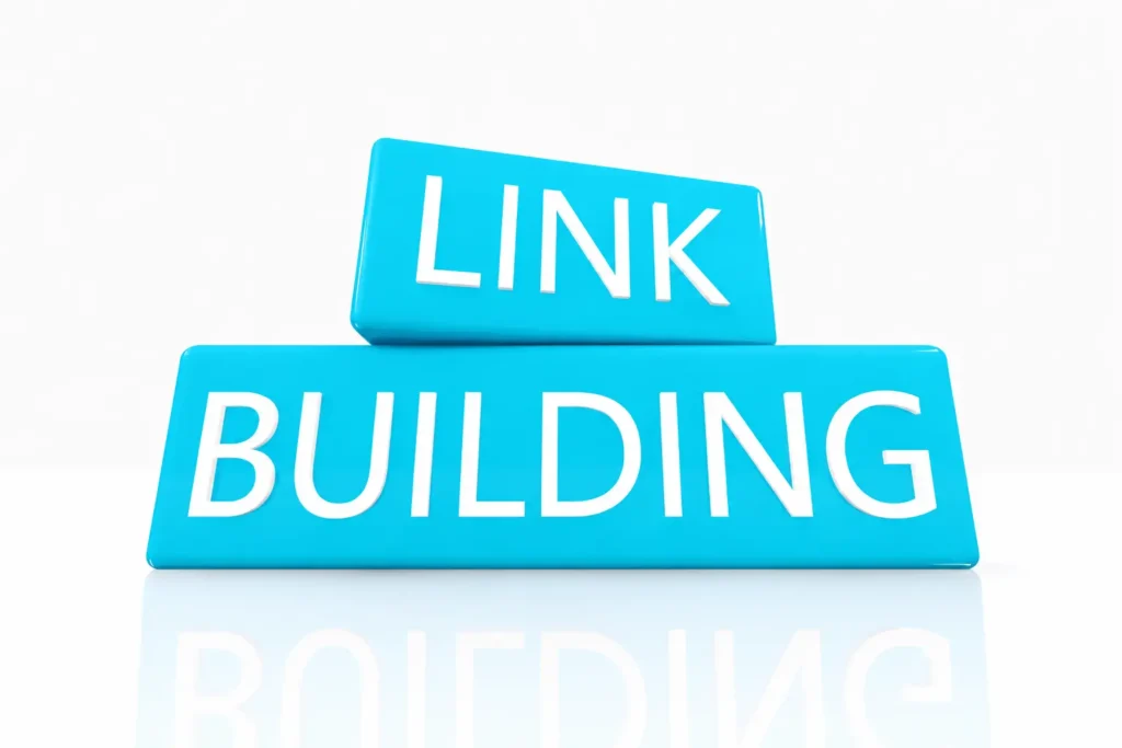 Τι είναι τα backlinks: τρισδιάστατη εικόνα με τη φράση "Link Building" που συμβολίζει τη δημιουργία backlinks στο SEO.