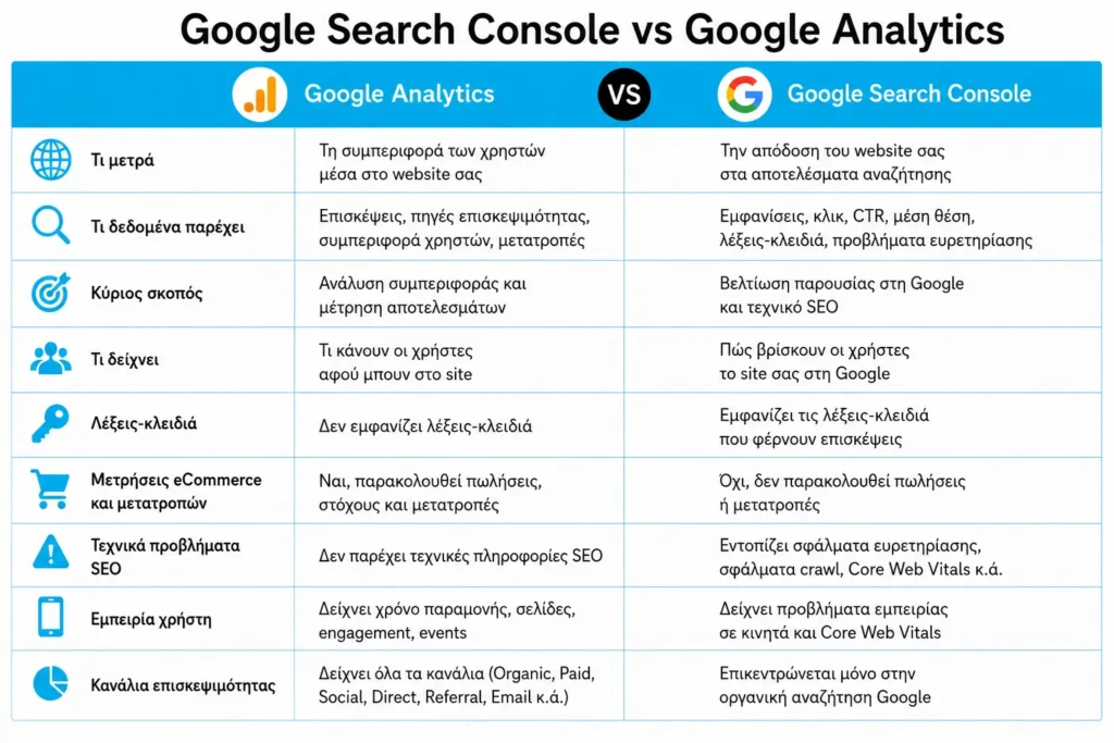 Τι είναι το Google Search Console: infographic σύγκρισης του Google Search Console με το Google Analytics και των βασικών λειτουργιών τους για SEO και ανάλυση δεδομένων.