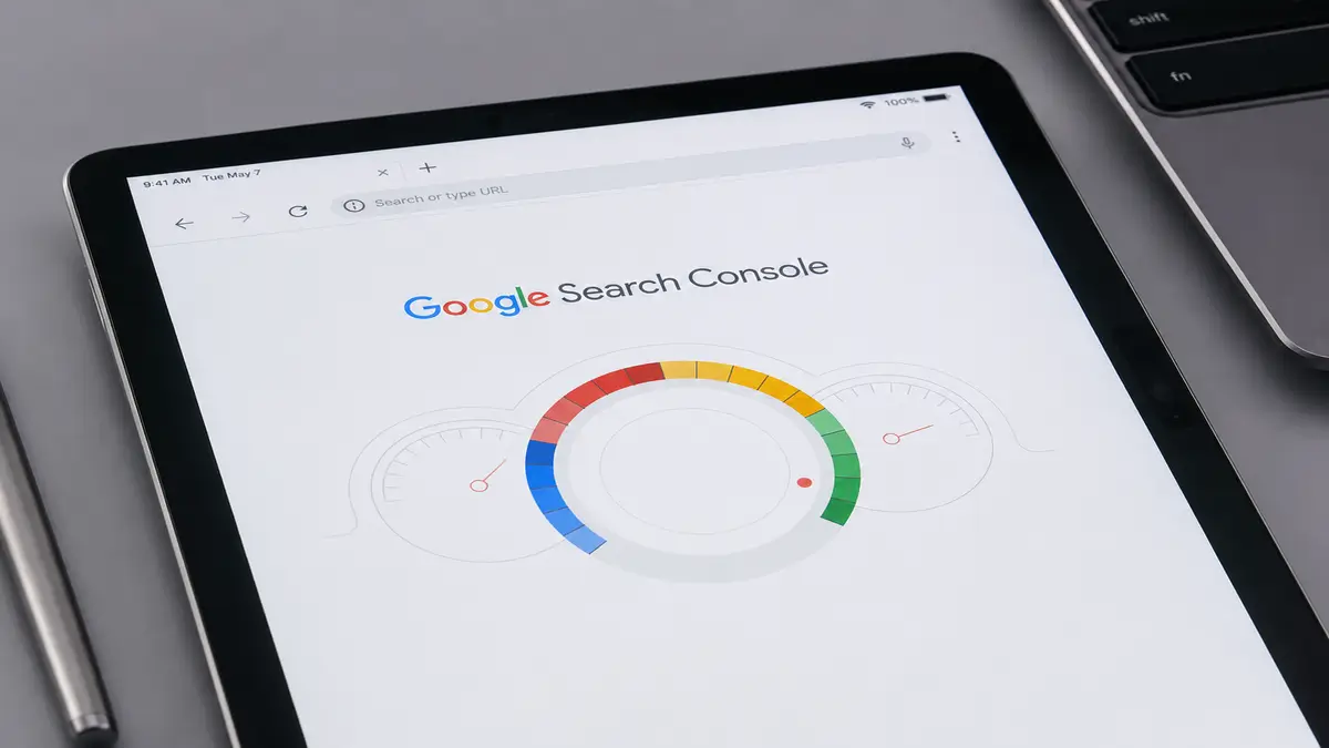 Τι είναι το Google Search Console: απεικόνιση του λογοτύπου Google Search Console και του πίνακα εργαλείων με γραφικά απόδοσης σε οθόνη tablet.