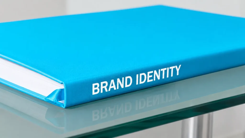 Βιβλίο με τίτλο «Brand Identity» τοποθετημένο πάνω σε γυάλινο τραπέζι συμβολίζοντας το τι είναι η εταιρική ταυτότητα και τη σημασία της οπτικής αναγνώρισης ενός brand.