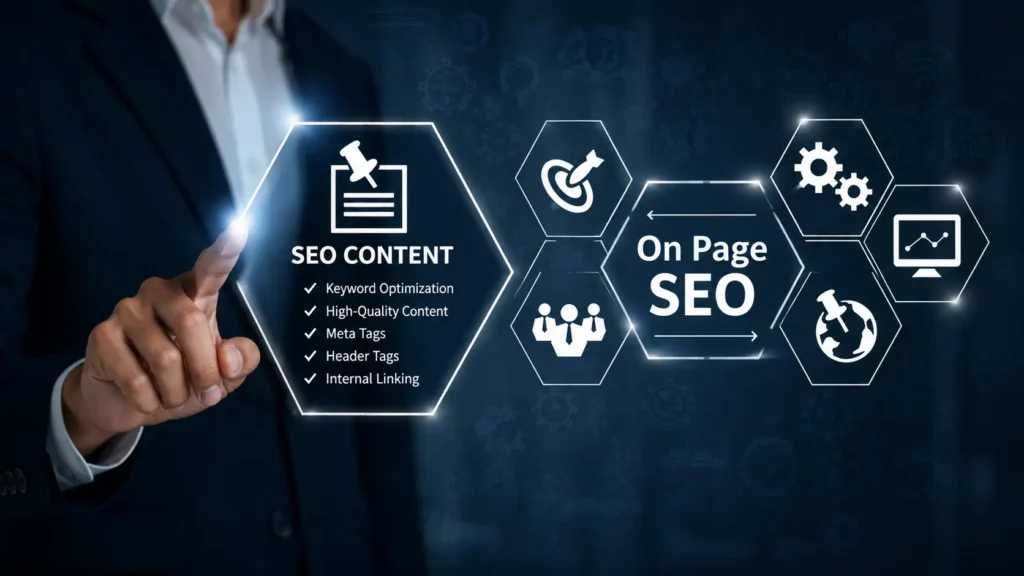 Business professional interacting with a digital on-page SEO content interface featuring keyword optimization, meta tags, header tags, and internal linking strategies.