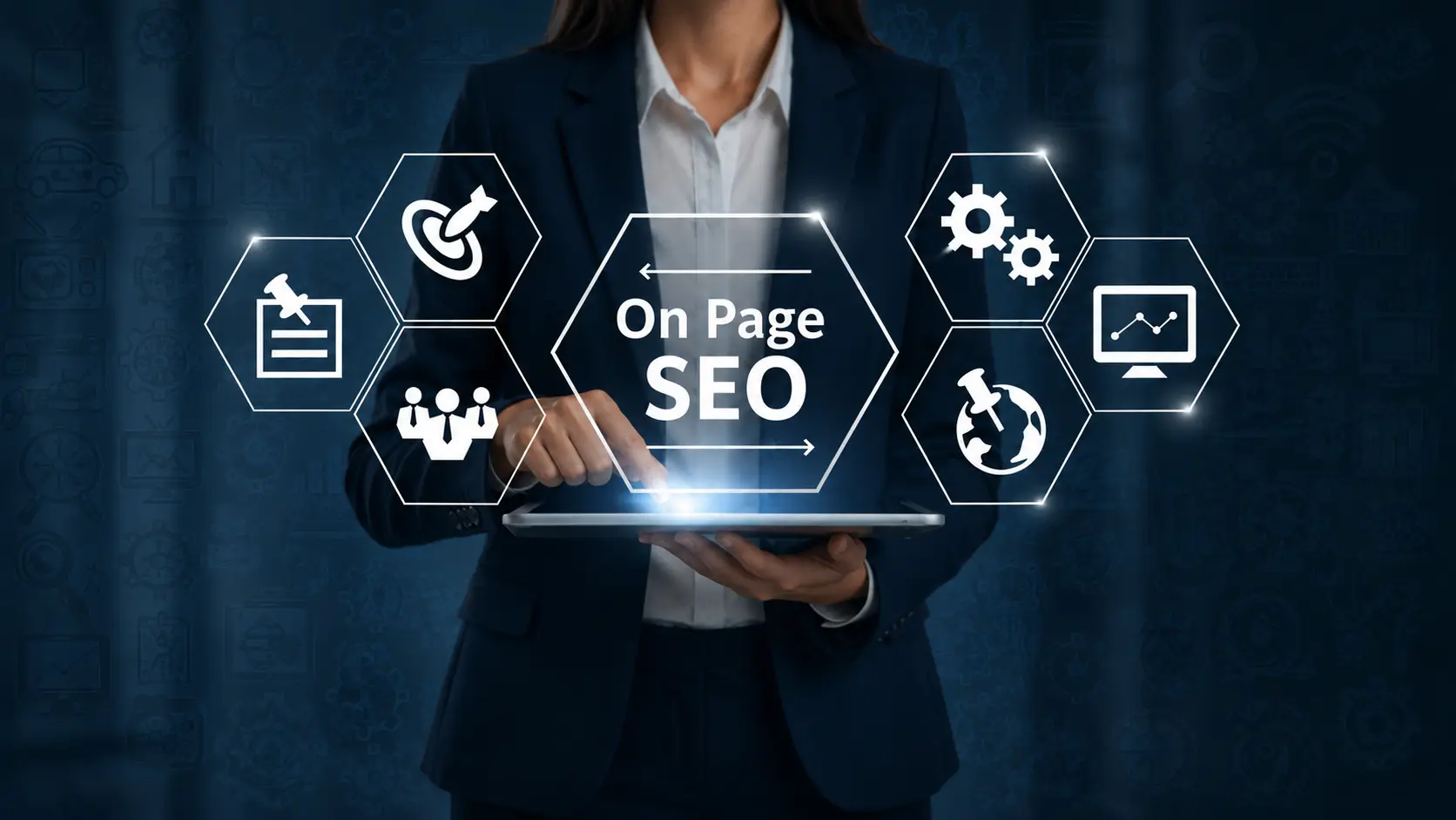 Professional businessperson using a tablet with digital on-page SEO icons and analytics graphics in a modern dark blue marketing interface.
