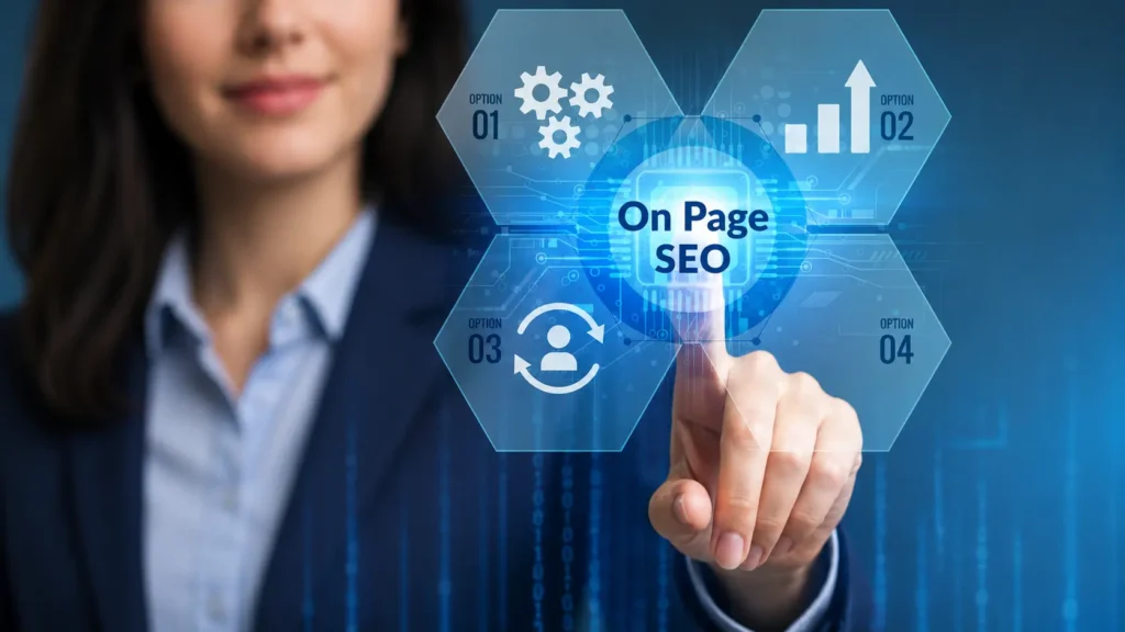 Professional woman using a futuristic digital interface displaying On Page SEO strategy and website optimization concepts.