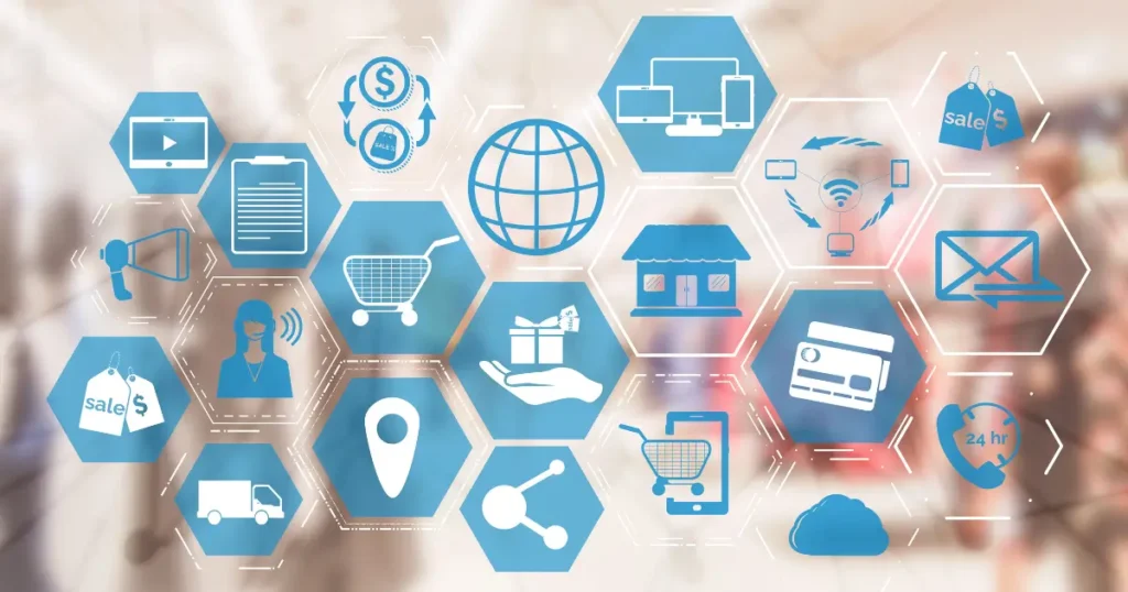 Εικονίδια ψηφιακών υπηρεσιών (αγορές, τοποθεσία, πληρωμές), που συμβολίζουν τη στρατηγική omnichannel επιχειρήσεων