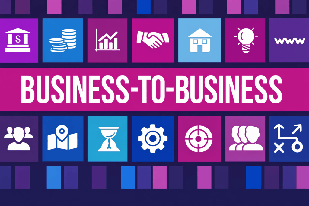 ραφικό με τον τίτλο “Business-to-Business” και εικονίδια που απεικονίζουν επιχειρηματικές έννοιες