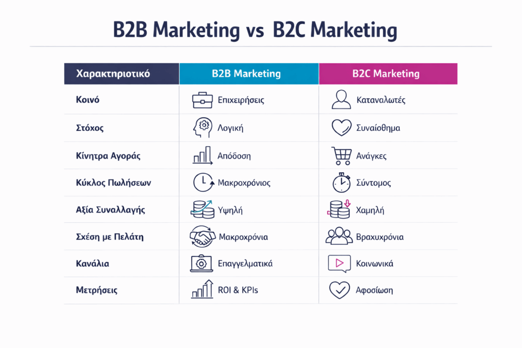 Infographic σύγκρισης B2B marketing και B2C marketing με βασικά χαρακτηριστικά και διαφορές